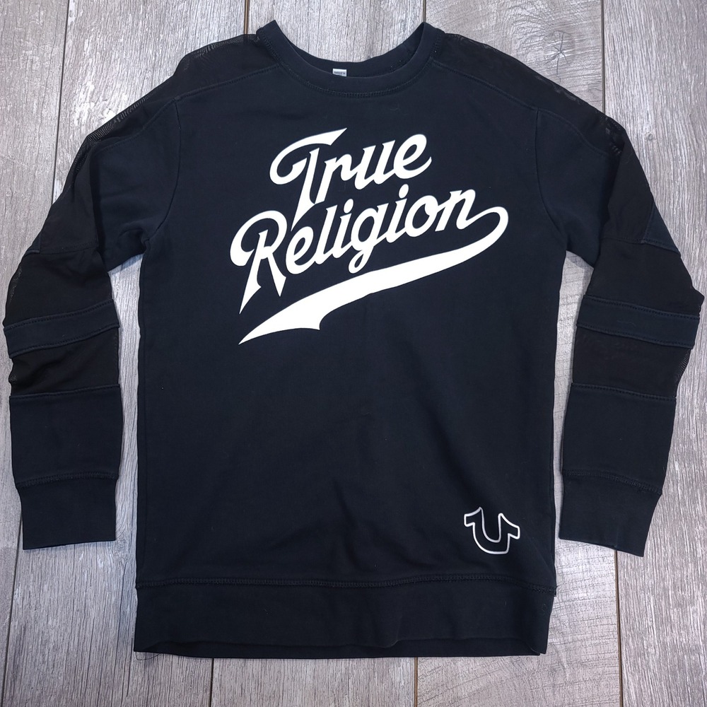 True Religion Sweatshirt Women Size Small Black Mesh Sleeve Pullover